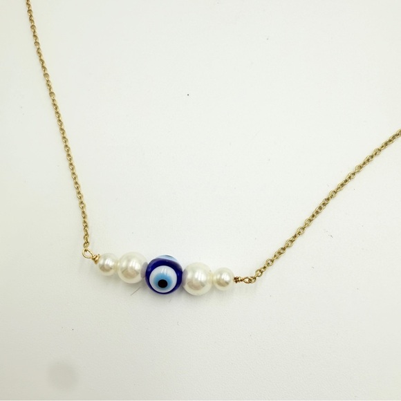 Gold Tone Chain Necklace with Evil Eye and Faux Pearl Beads - Picture 4 of 9